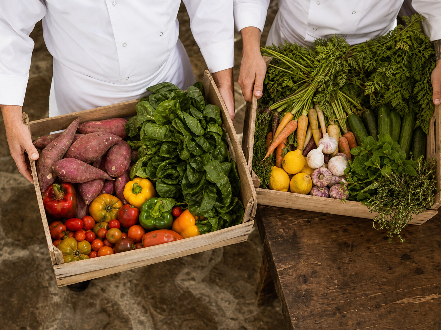 Chefs holding produce crates